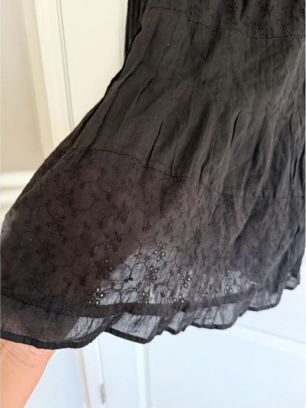 Black Cotton Tiered Peasant Maxi Skirt Size PM Boho Eyelet Cottagecore Romantic